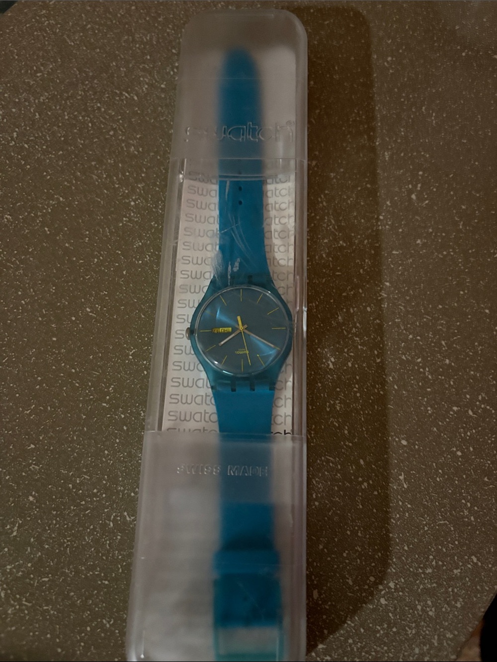 Swatch Teal Blue Silicone Watch with Yellow Accents